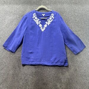 Talbots Blouse Top Women Medium‎ Purple Linen 3/4 Sleeve Embroidered V Neck